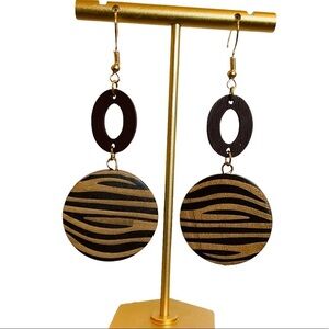 Circular Wooden  Fierce Animal Print Dangle Drop Earrings